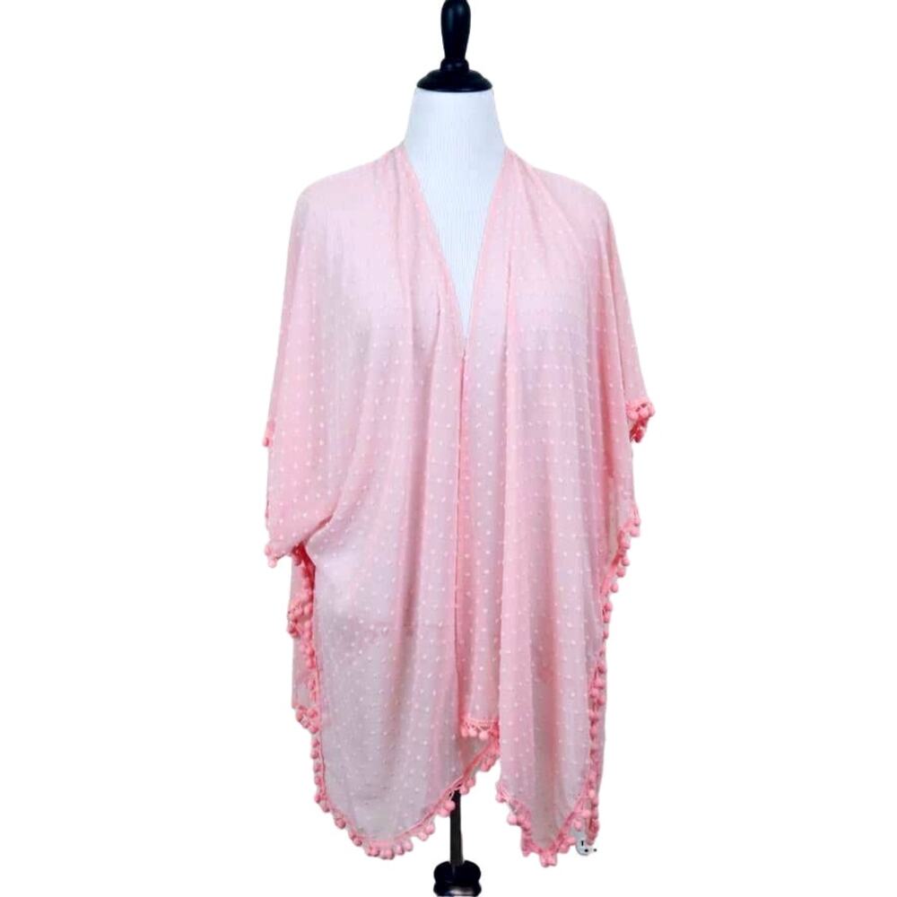 Sheer Chiffon Swiss Dot Kimono Robe One Size Negligee Pom Pom Pink - Picture 2 of 10